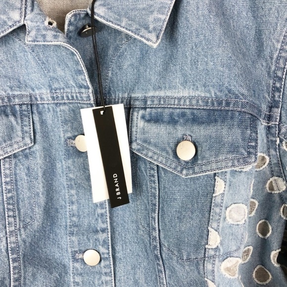 New with tag J Brand Women’s Cyra Polka Dot Panel Crop Denim Blue Jean Jacket - Picture 12 of 16